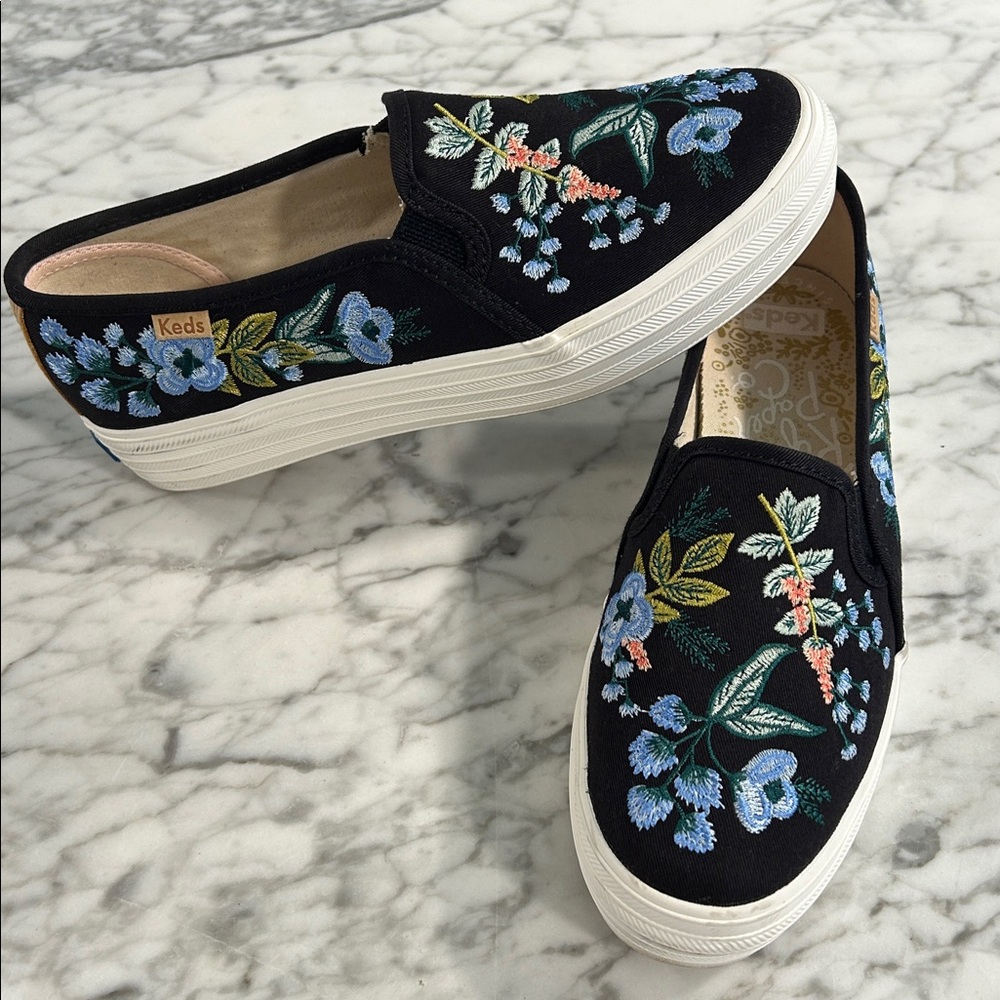Keds Black Slip-On with Floral Embroidery